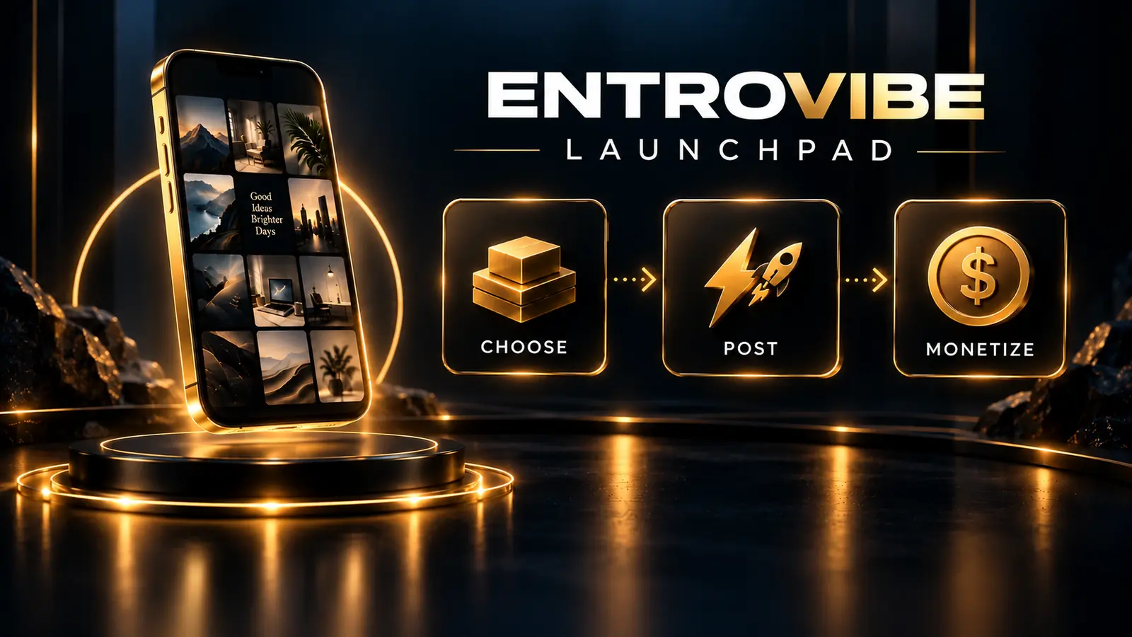 Choose a product, post ready-made content, monetize your page — the Entrovibe Launchpad workflow